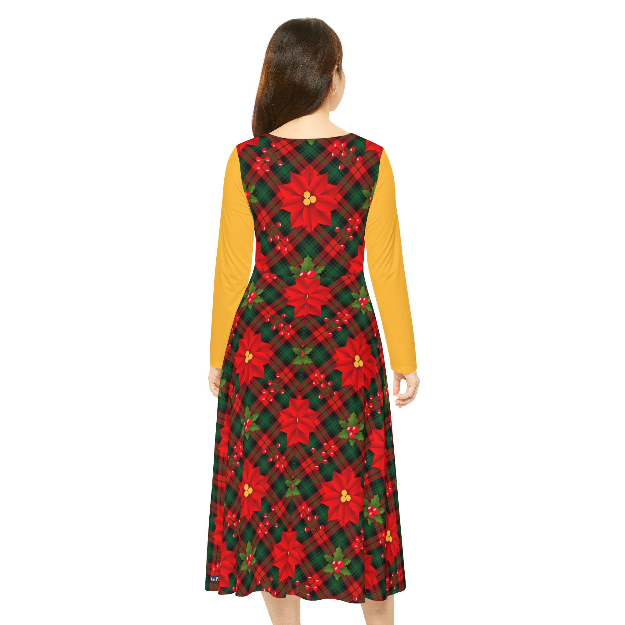 Christmas Poinsettia Tartan Plaid Print Women's Long Sleeve Dress (S.e.P.T.™)