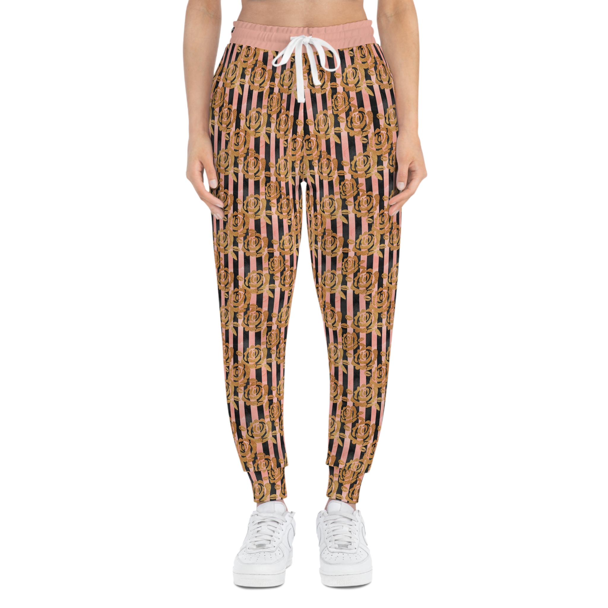 Designer Gold Rose Stripe Print Gold Pockets Athletic Joggers (S.e.P.T.™)