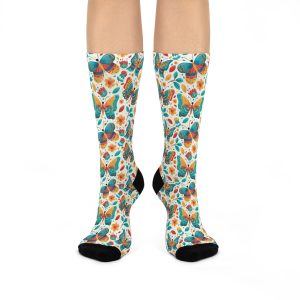 Whimsical Retro Butterfly Garden Print Cushioned Crew Socks (S.e.P.T.™)