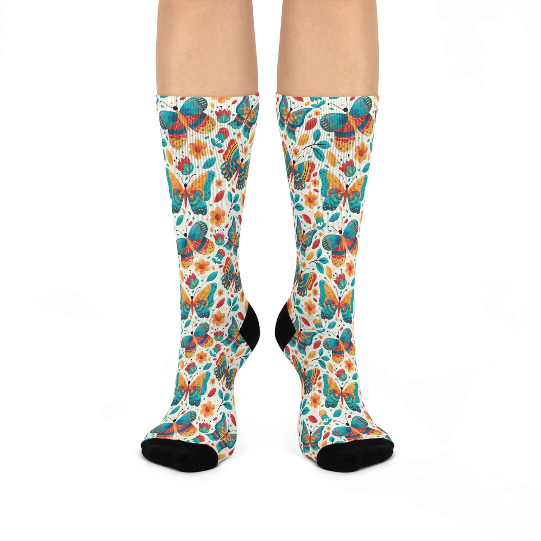 Whimsical Retro Butterfly Garden Print Cushioned Crew Socks (S.e.P.T.™)