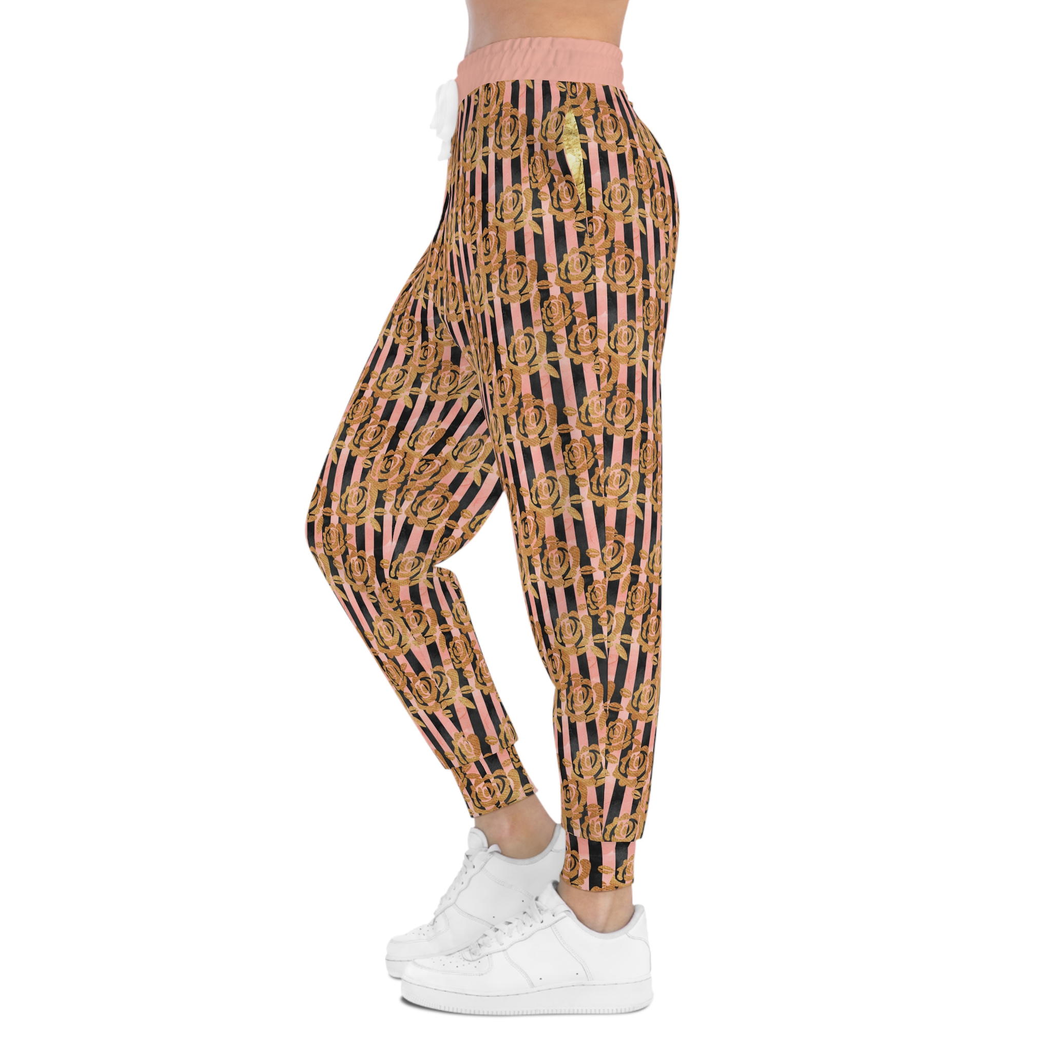 Designer Gold Rose Stripe Print Gold Pockets Athletic Joggers (S.e.P.T.™)