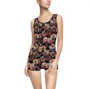 Romantic Antique Rose Botanical Print Black Women's Vintage Swimsuit (S.e.P.T.™)