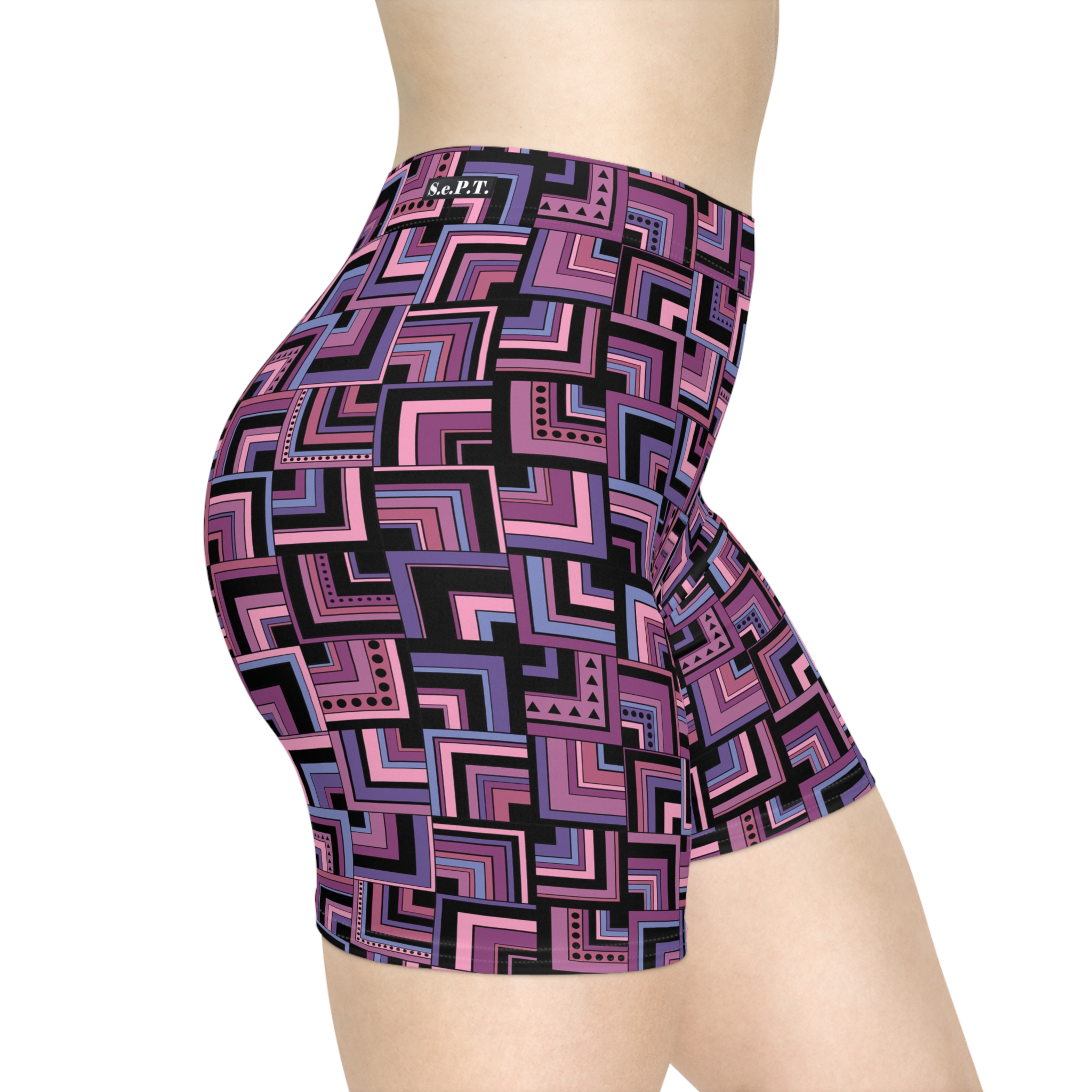 Purple Retro Corner Block Geometric Print Women's Biker Shorts (S.e.P.T.™)