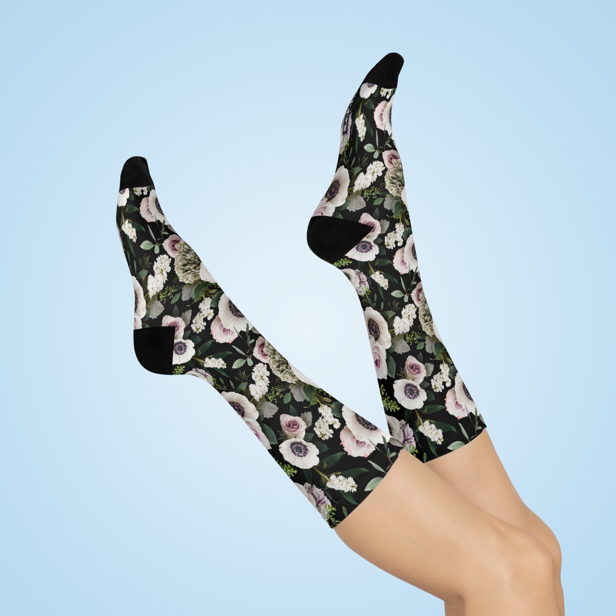Sophisticated White Moody Floral Print Black Cushioned Crew Socks (S.e.P.T.™)