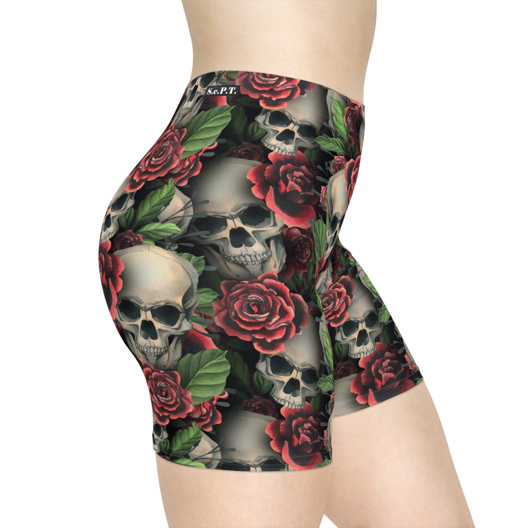 Gothic Skulls & Red Roses Print Women's Biker Shorts (S.e.P.T.™)