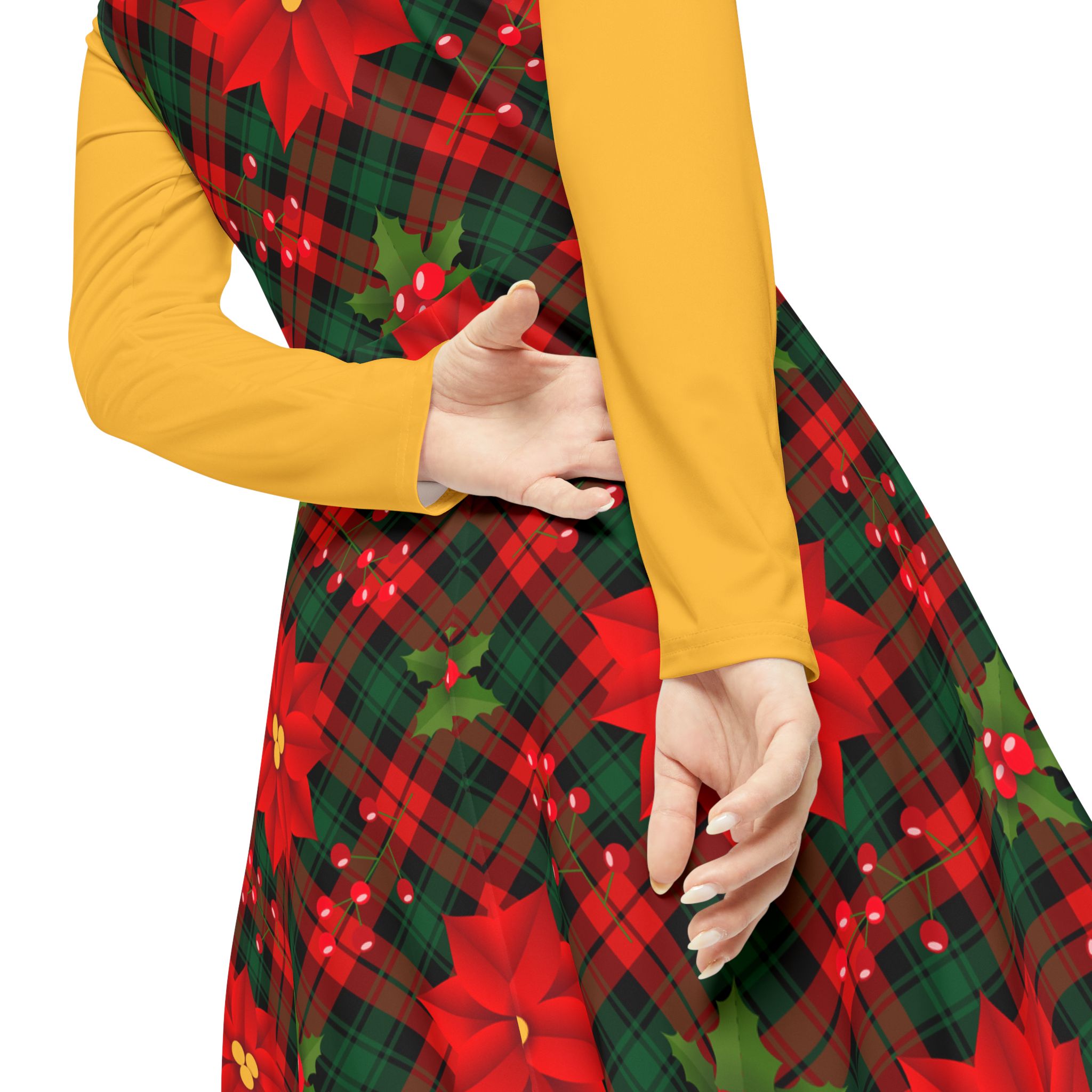Christmas Poinsettia Tartan Plaid Print Women's Long Sleeve Dress (S.e.P.T.™)