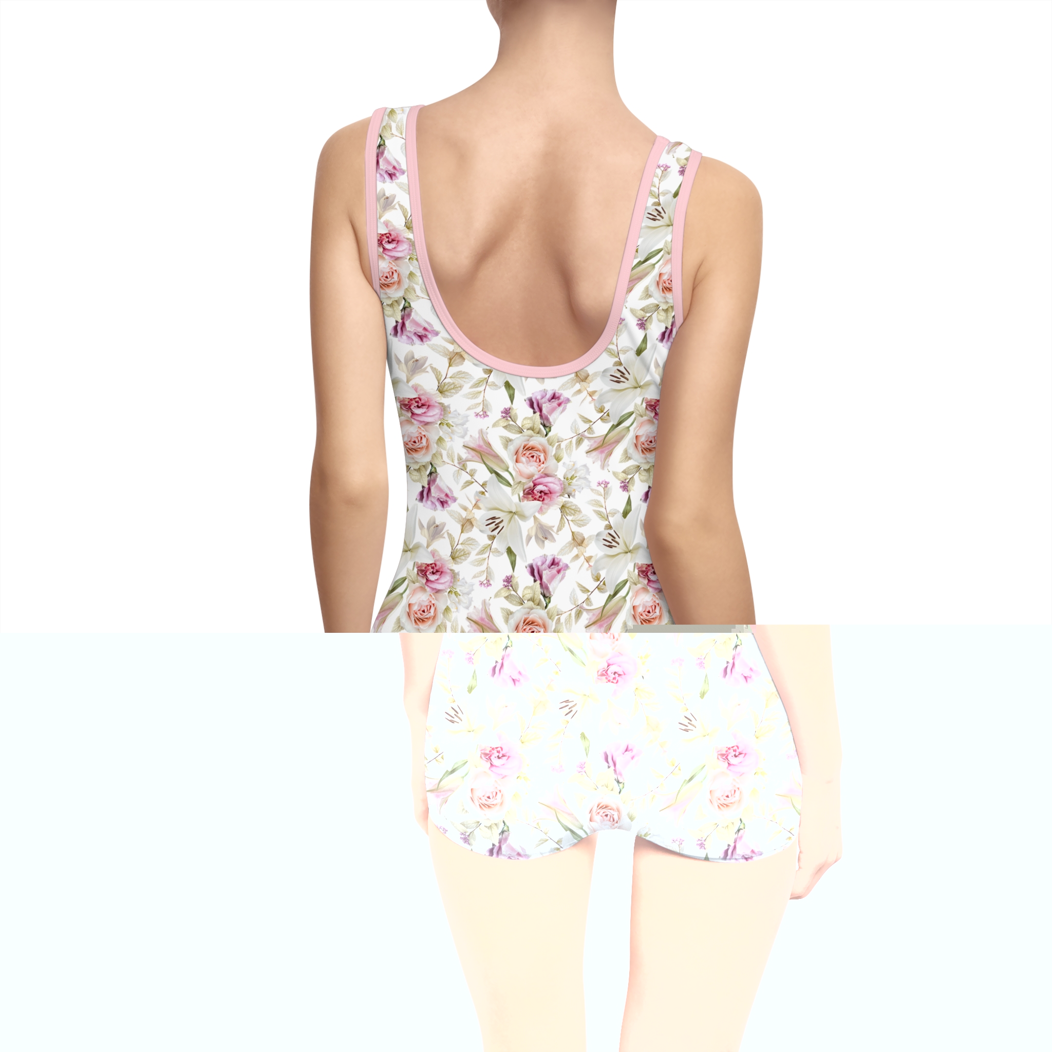 Romantic Blush Rose & White Lily Floral Print Women's Vintage Swimsuit (S.e.P.T.™)