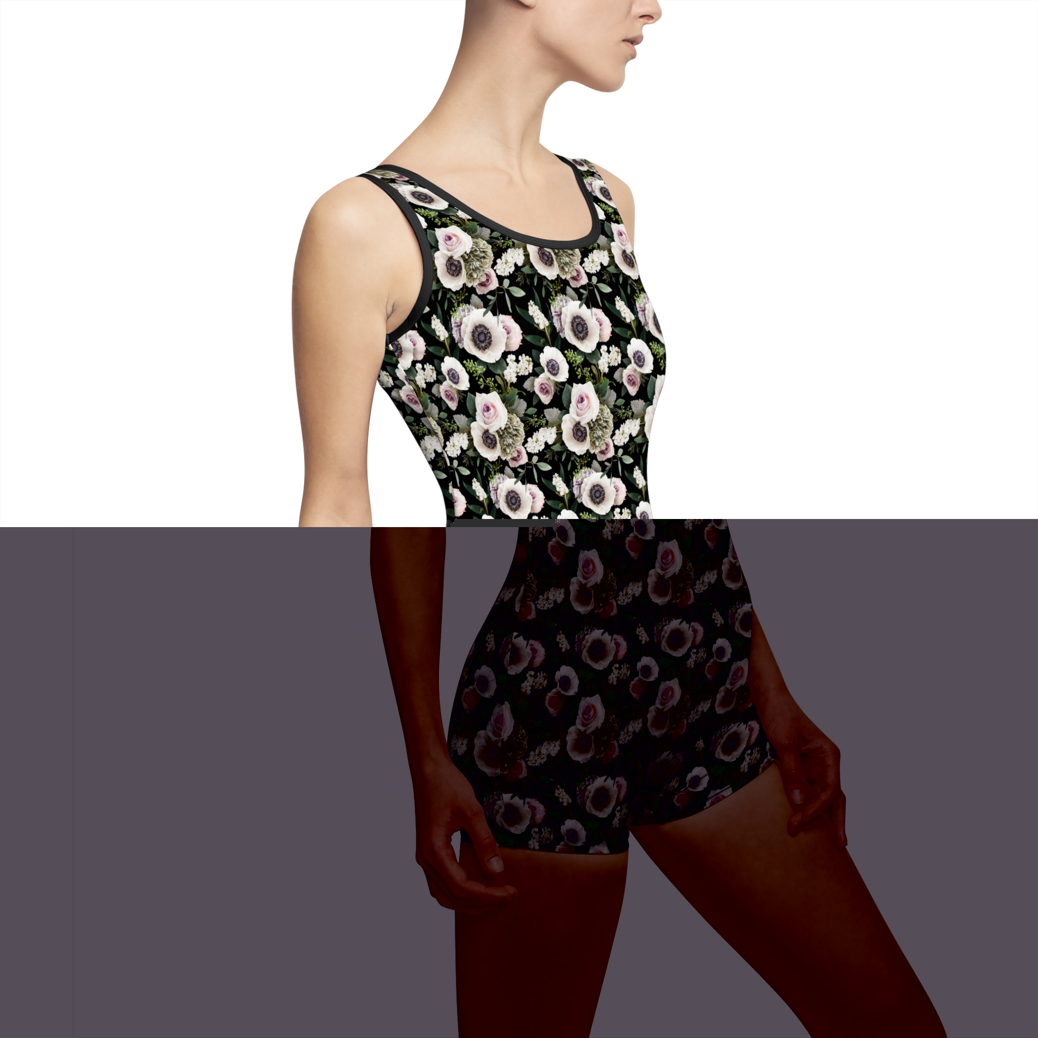 Sophisticated White Moody Floral Print Black Women's Vintage Swimsuit (S.e.P.T.™)