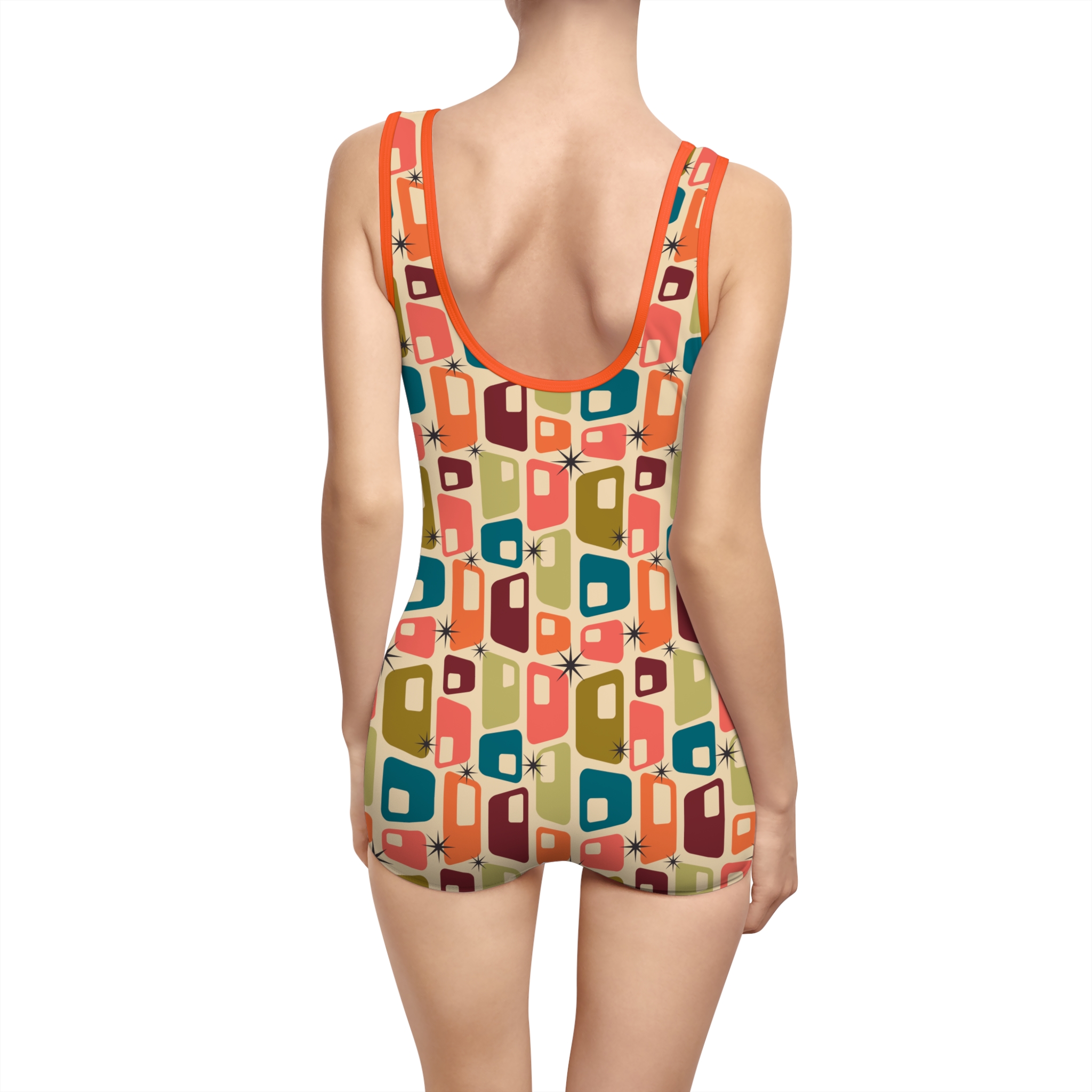 Mid-Century Atomic Retro Squares Print Women's Vintage Swimsuit (S.e.P.T.™)