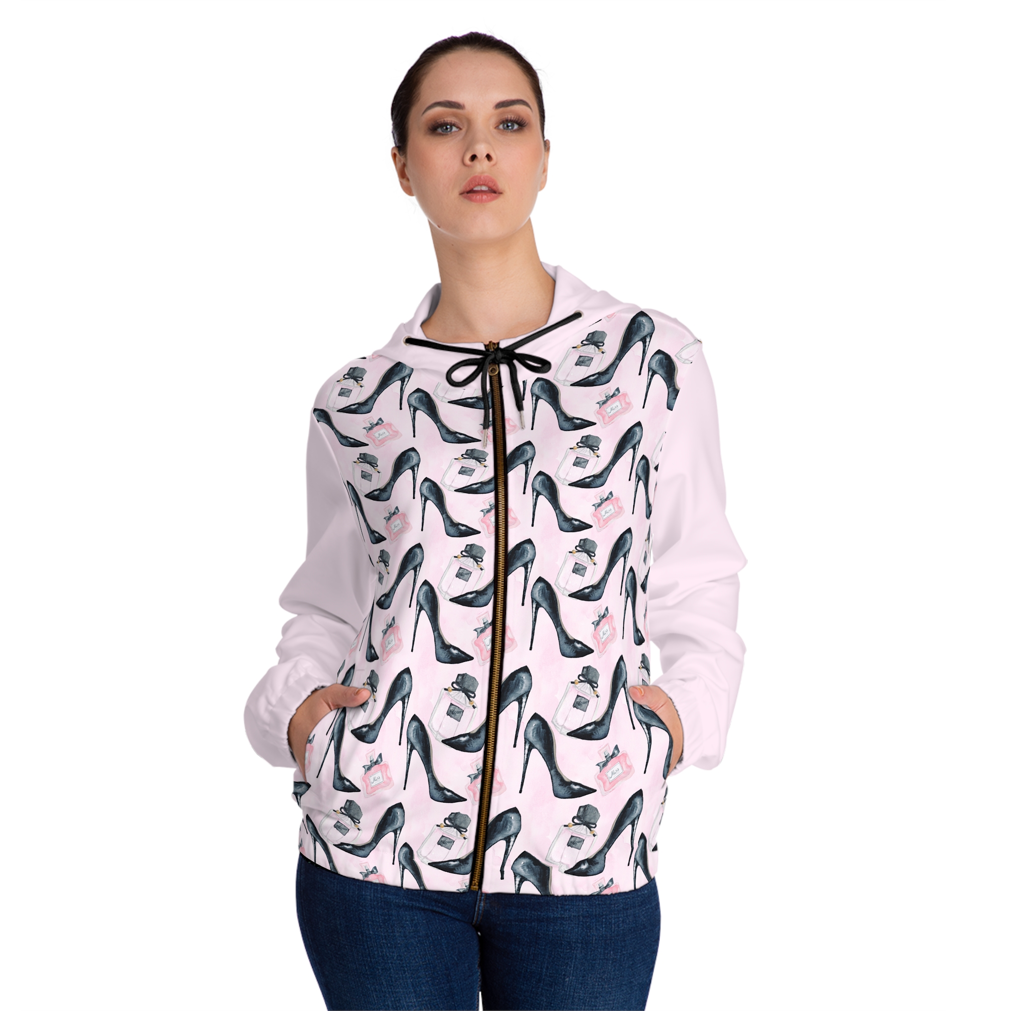 Chic Stiletto Heels & Perfume Luxury Print Women’s Full-Zip Hoodie (S.e.P.T.™)