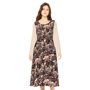Romantic Vintage Rose Bouquet Botanical Print Tan Women's Long Sleeve Dress (S.e.P.T.™)