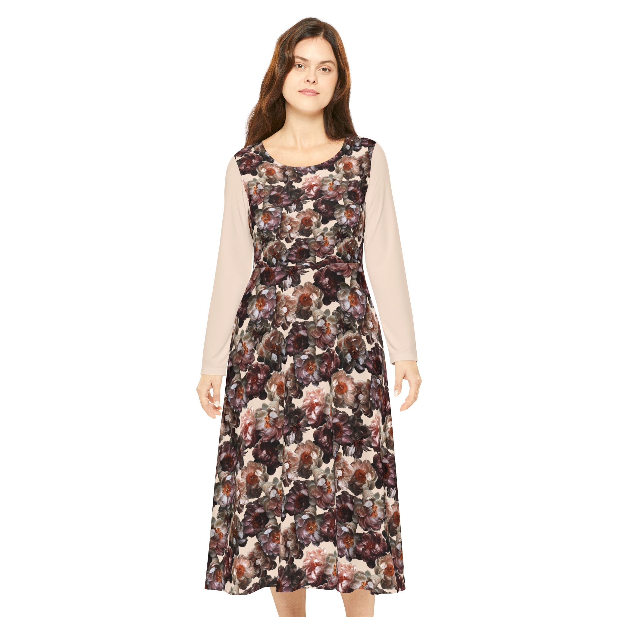 Romantic Vintage Rose Bouquet Botanical Print Tan Women's Long Sleeve Dress (S.e.P.T.™)