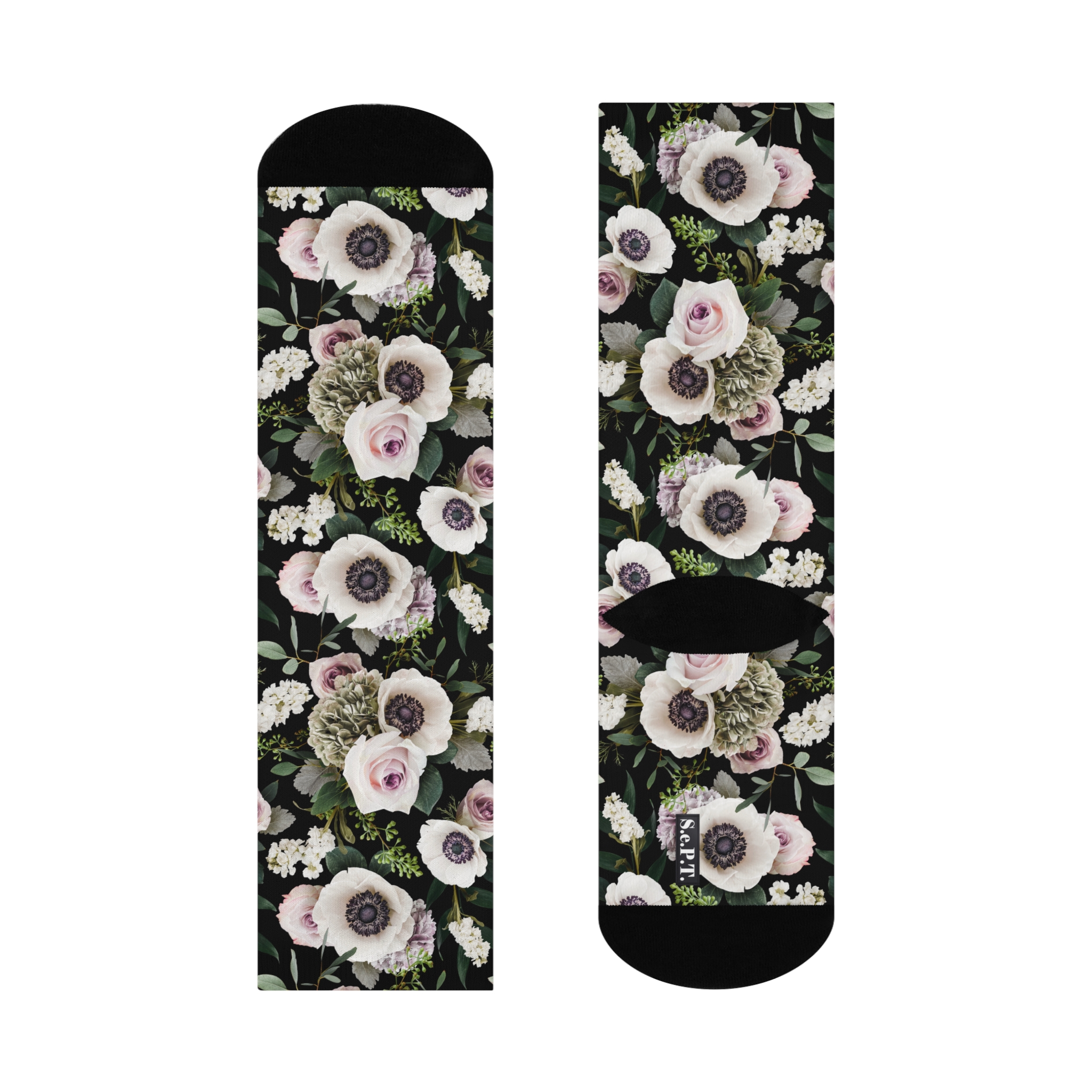 Sophisticated White Moody Floral Print Black Cushioned Crew Socks (S.e.P.T.™)