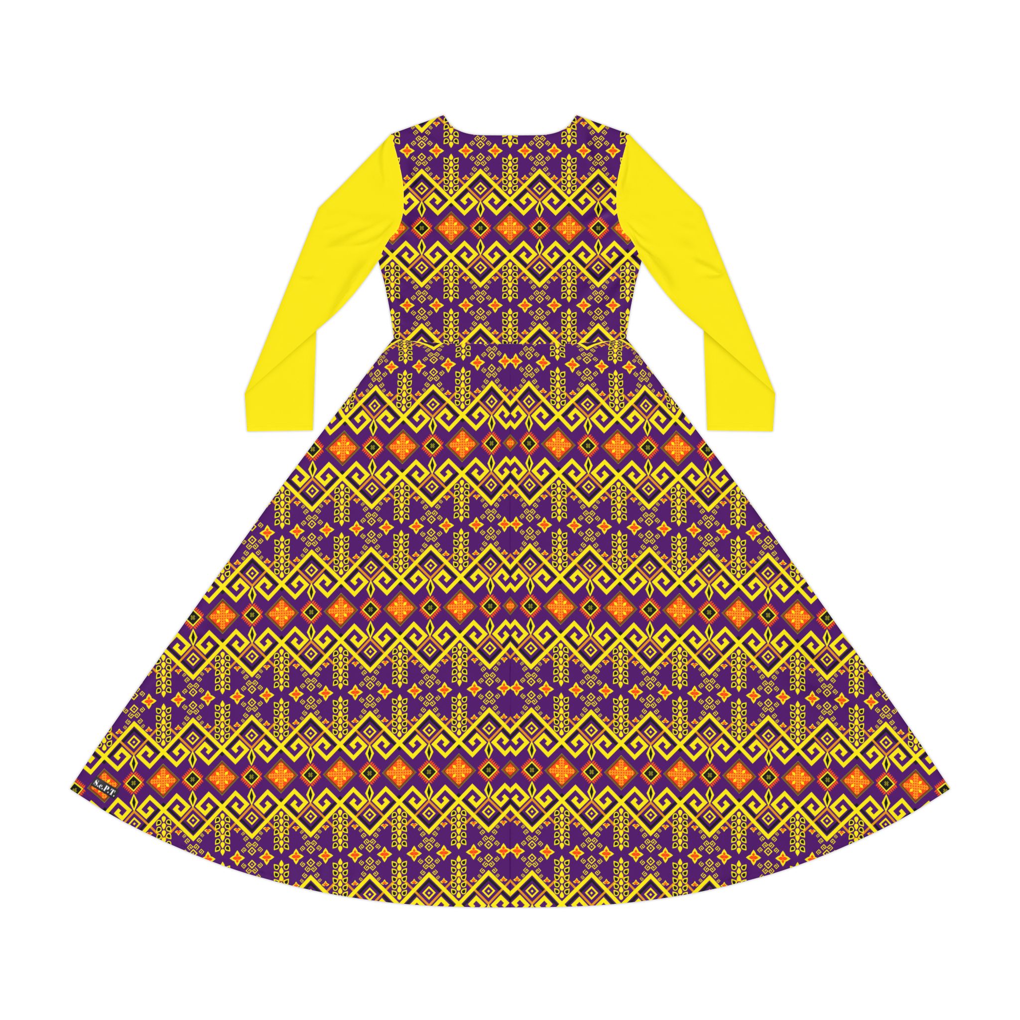Tribal Maze Geometric Gold & Purple Print Women's Long Sleeve Dress (S.e.P.T.™)