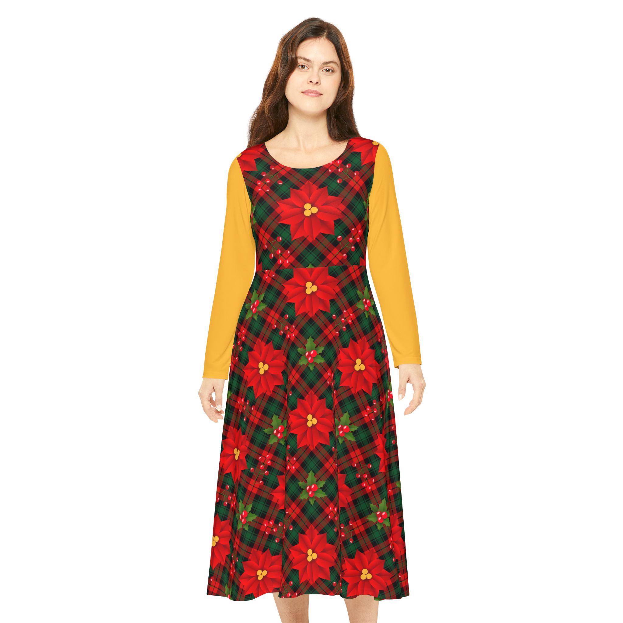 Christmas Poinsettia Tartan Plaid Print Women's Long Sleeve Dress (S.e.P.T.™)