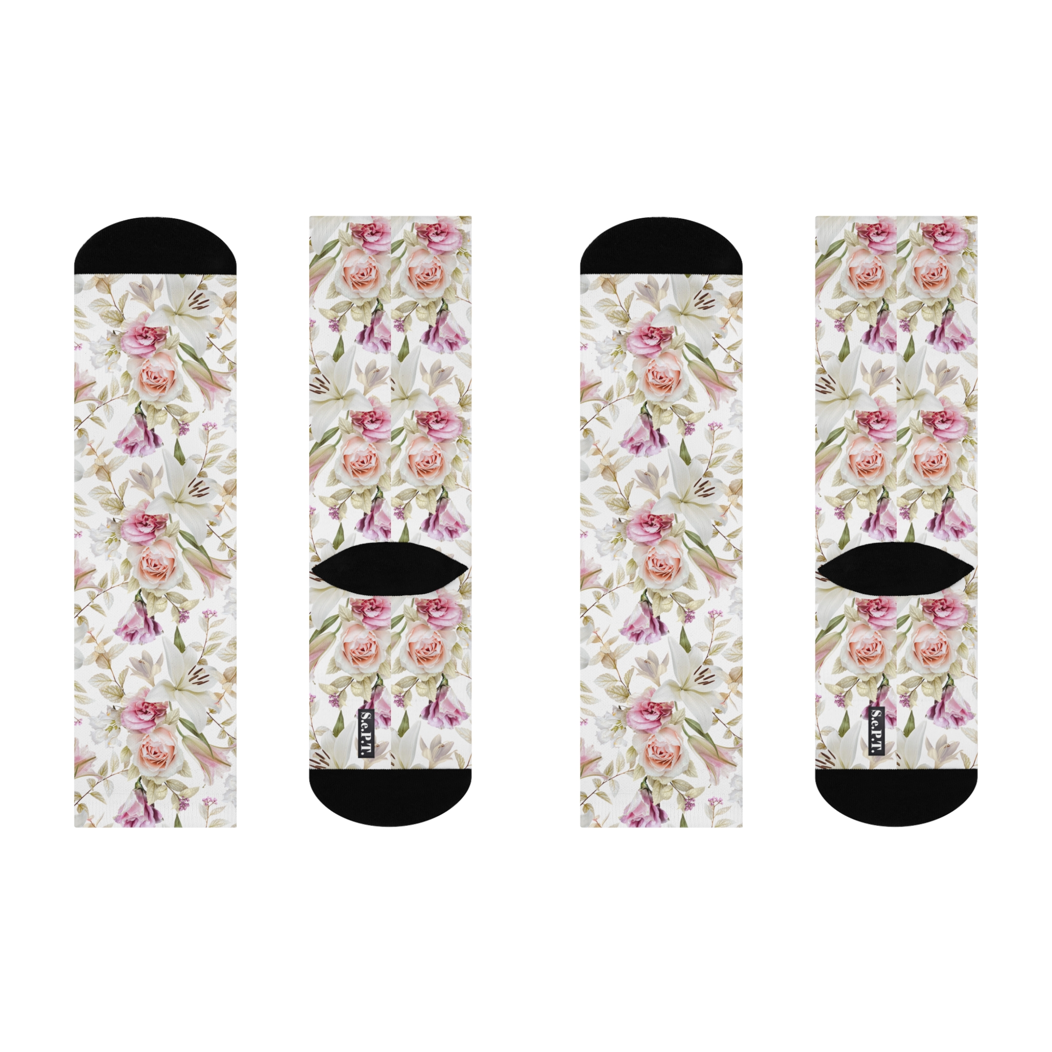 Romantic Blush Rose & White Lily Floral Print Cushioned Crew Socks (S.e.P.T.™)