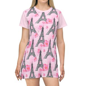Parisian Eiffel Tower & Pink Floral T-Shirt Dress (S.e.P.T.™)