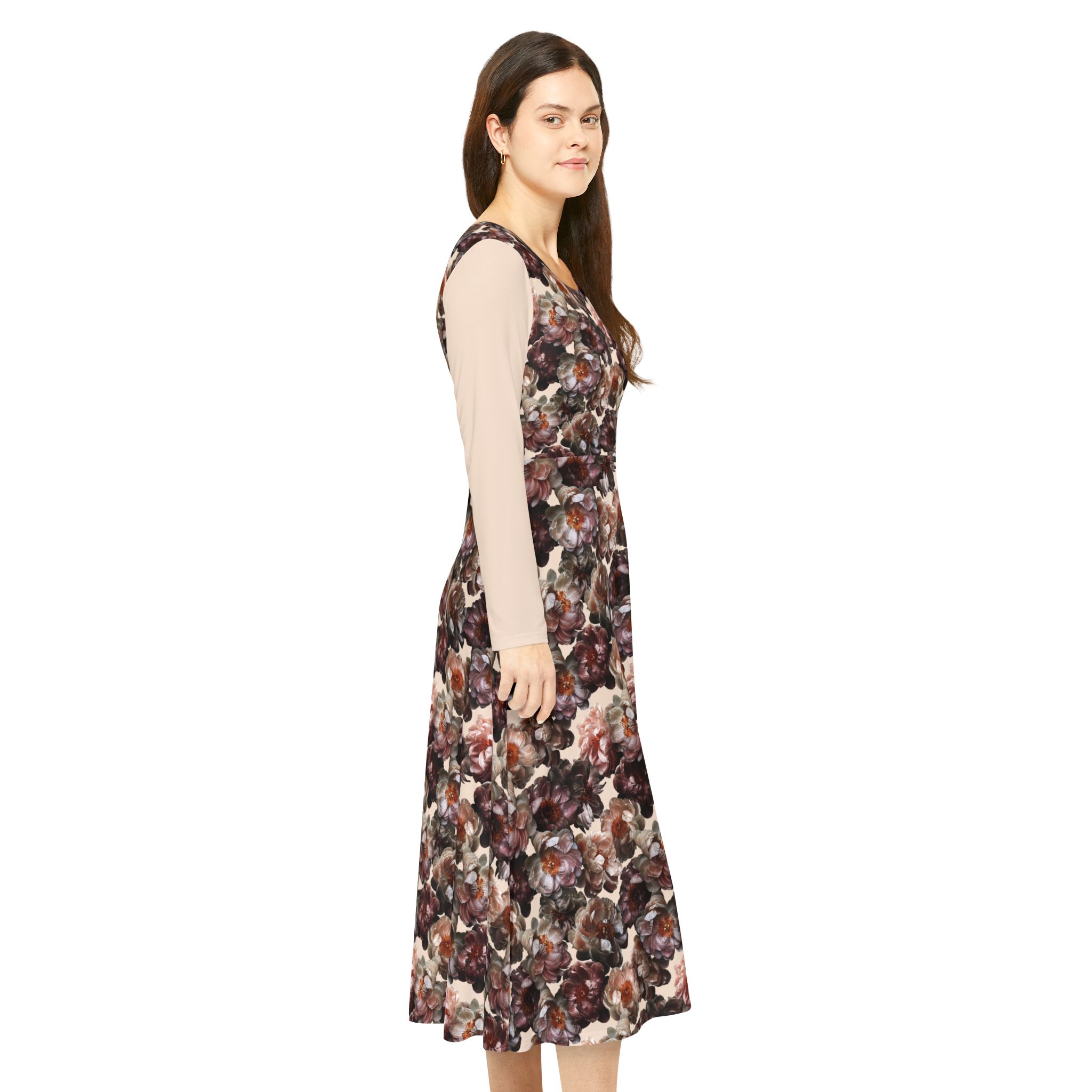 Romantic Vintage Rose Bouquet Botanical Print Tan Women's Long Sleeve Dress (S.e.P.T.™)