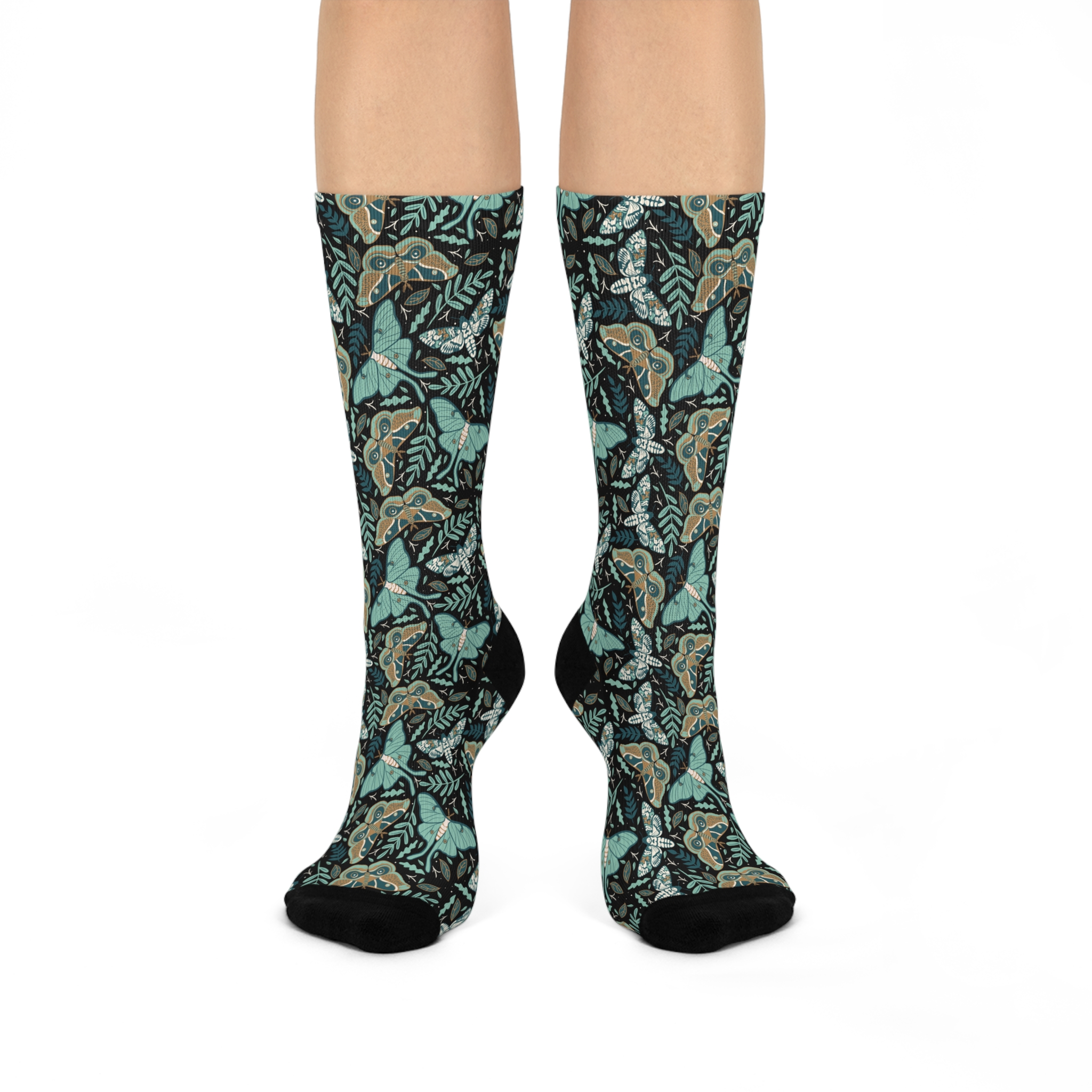 Dark Moody Teal Butterfly & Botanical Print Cushioned Crew Socks (S.e.P.T.™)