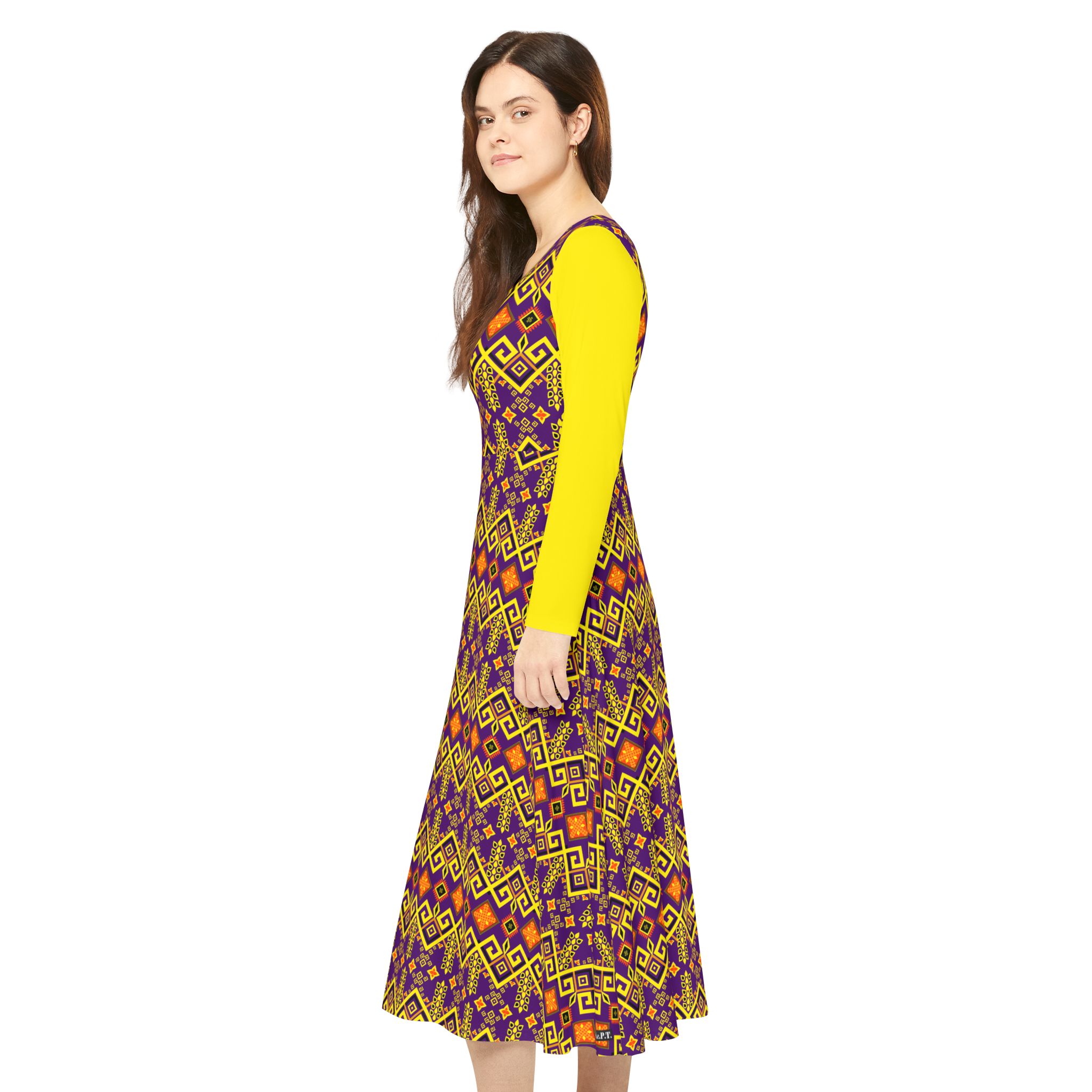 Tribal Maze Geometric Gold & Purple Print Women's Long Sleeve Dress (S.e.P.T.™)