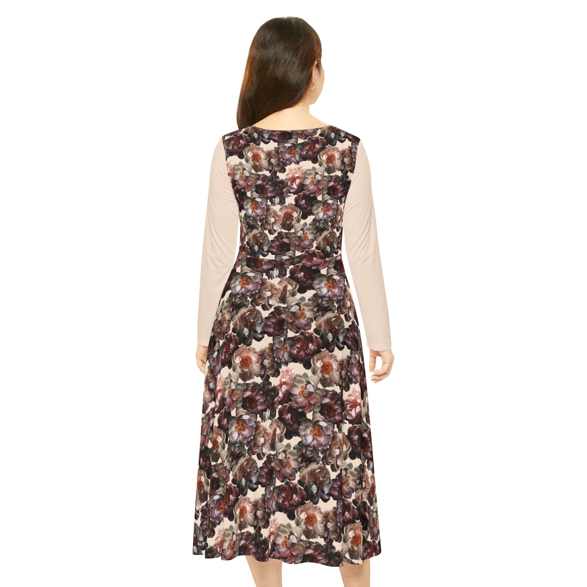Romantic Vintage Rose Bouquet Botanical Print Tan Women's Long Sleeve Dress (S.e.P.T.™)