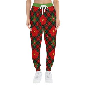 Christmas Poinsettia Tartan Plaid Print w/Treasure Pockets™ Athletic Joggers (S.e.P.T.™)