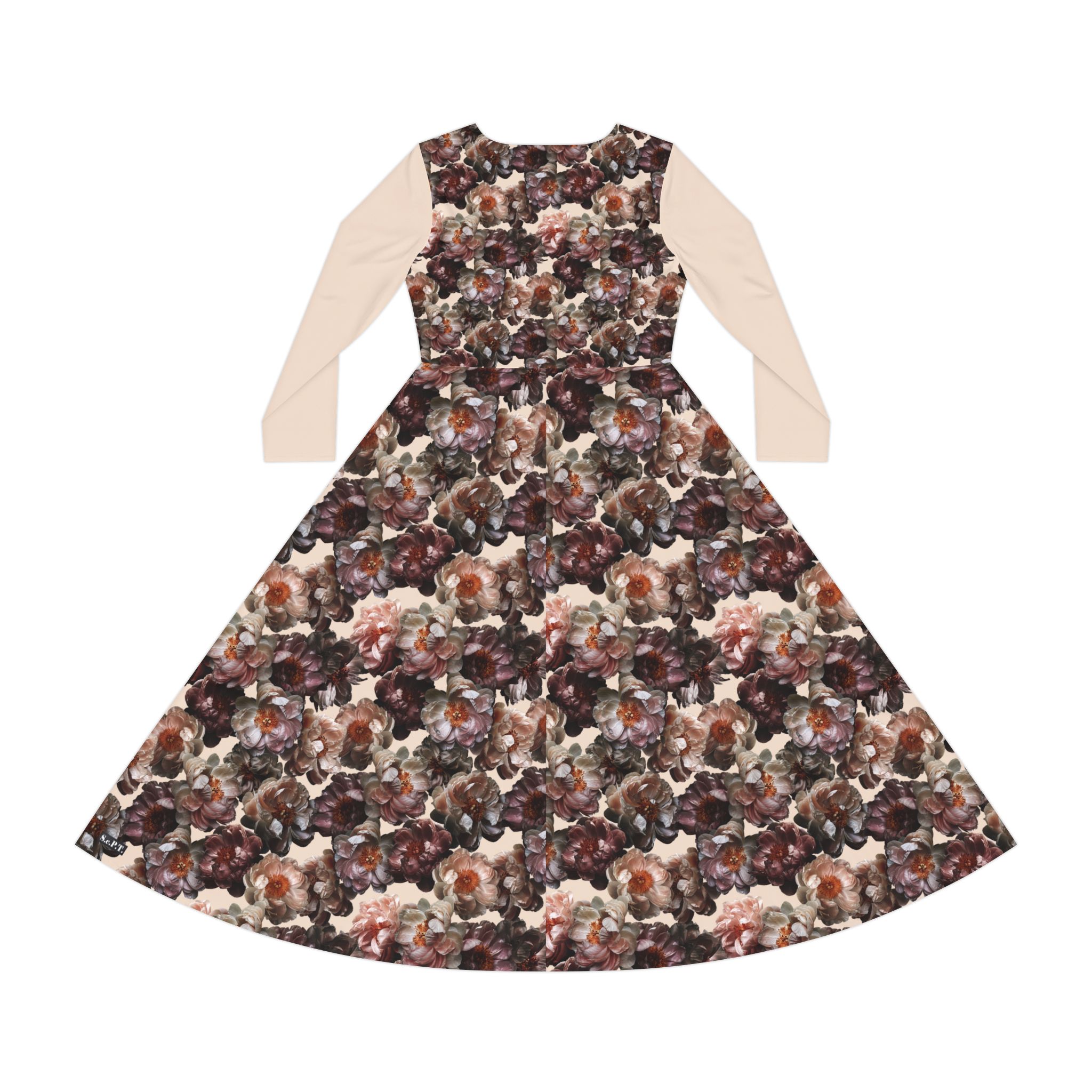 Romantic Vintage Rose Bouquet Botanical Print Tan Women's Long Sleeve Dress (S.e.P.T.™)
