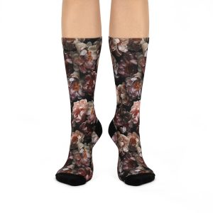 Romantic Antique Rose Botanical Print Black Cushioned Crew Socks (S.e.P.T.™)