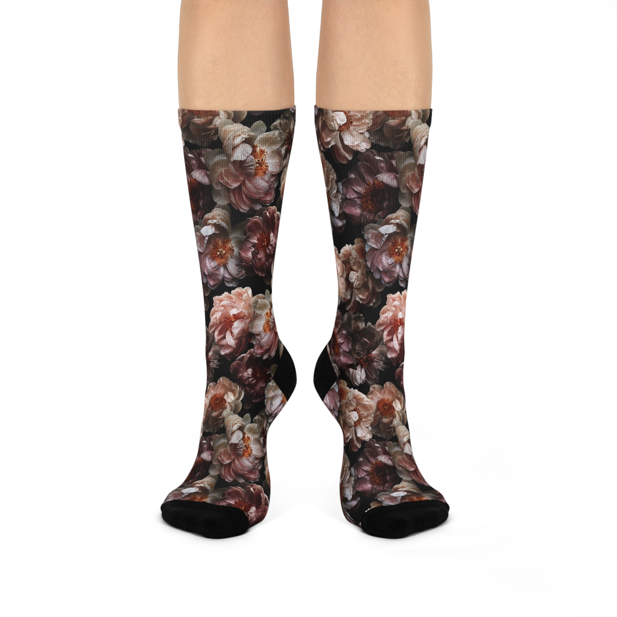 Romantic Antique Rose Botanical Print Black Cushioned Crew Socks (S.e.P.T.™)