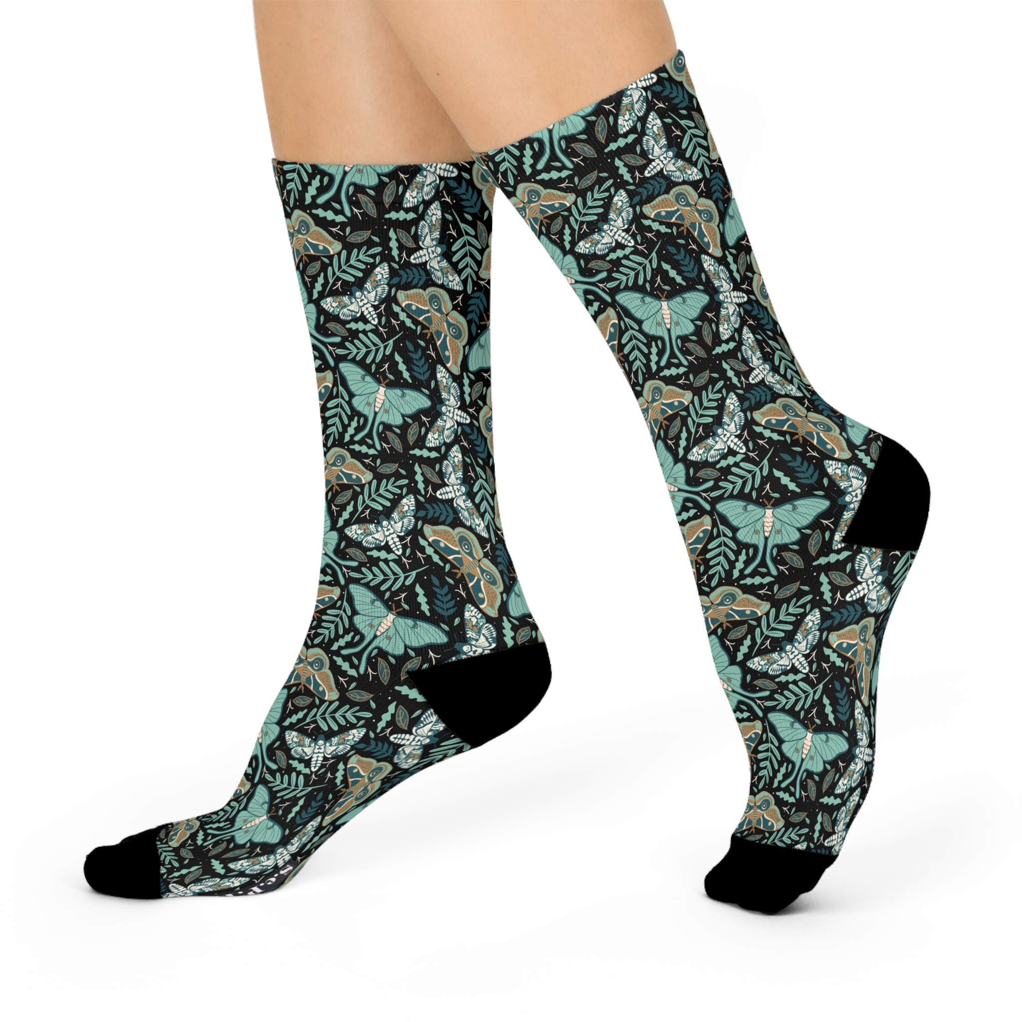Dark Moody Teal Butterfly & Botanical Print Cushioned Crew Socks (S.e.P.T.™)