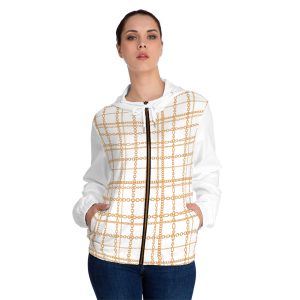 Chic White & Gold Chain Plaid Print Women’s Full-Zip Hoodie (S.e.P.T.™)