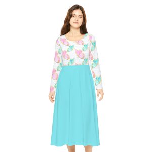 Pastel Gold Trim Butterfly Print Teal Women's Long Sleeve Dress (S.e.P.T.™)