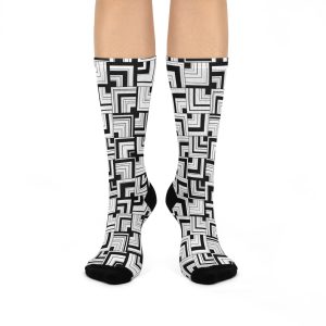 White & Black Retro Corner Block Geometric Print Cushioned Crew Socks (S.e.P.T.™)