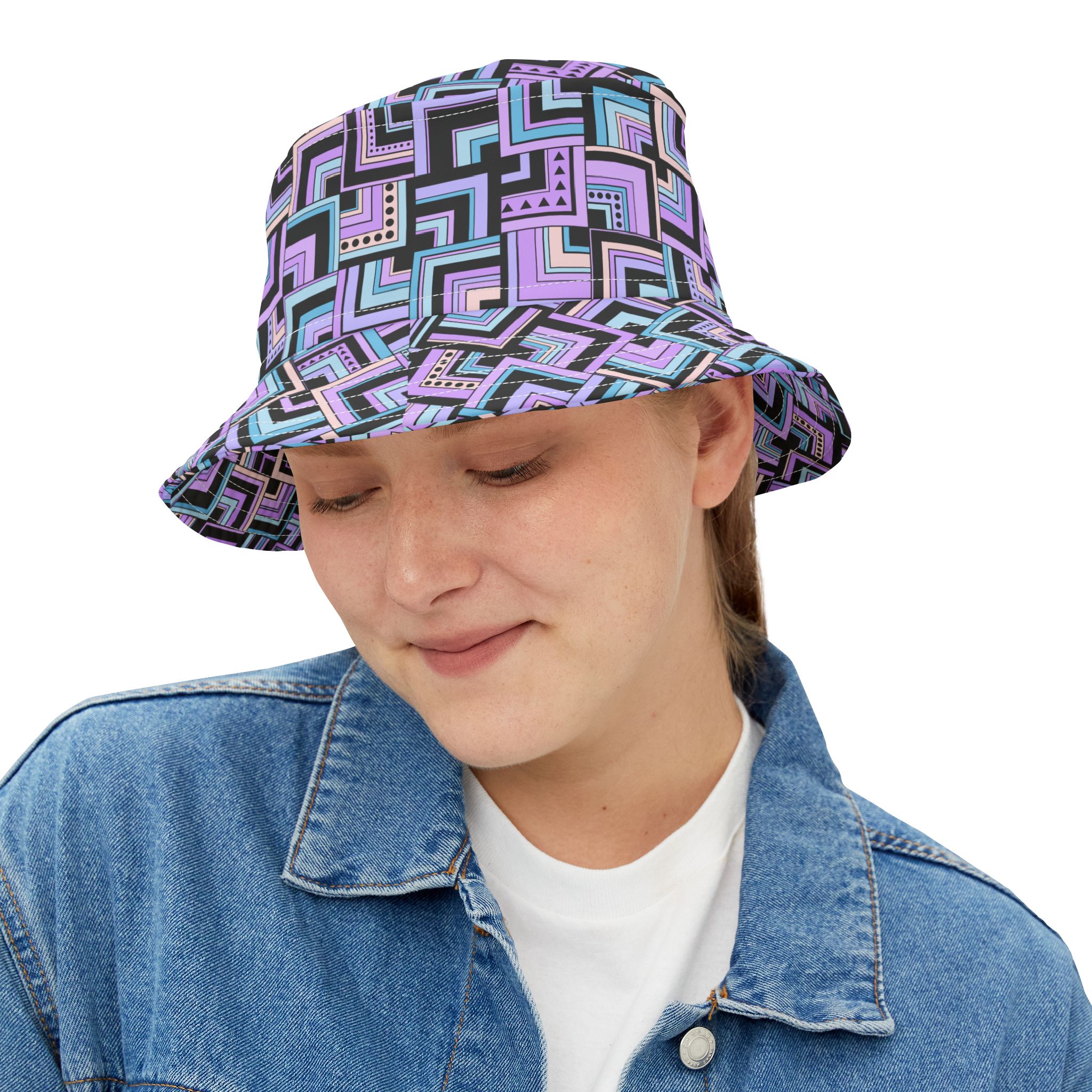 Blue & Lavender Retro Corner Block Geometric Print Bucket Hat (S.e.P.T.™)
