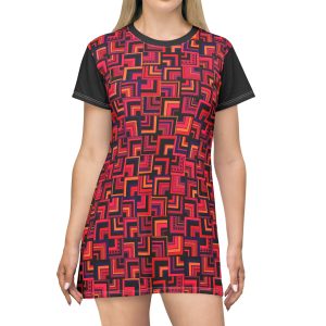 Red Retro Corner Block Geometric Print T-Shirt Dress (S.e.P.T.™)