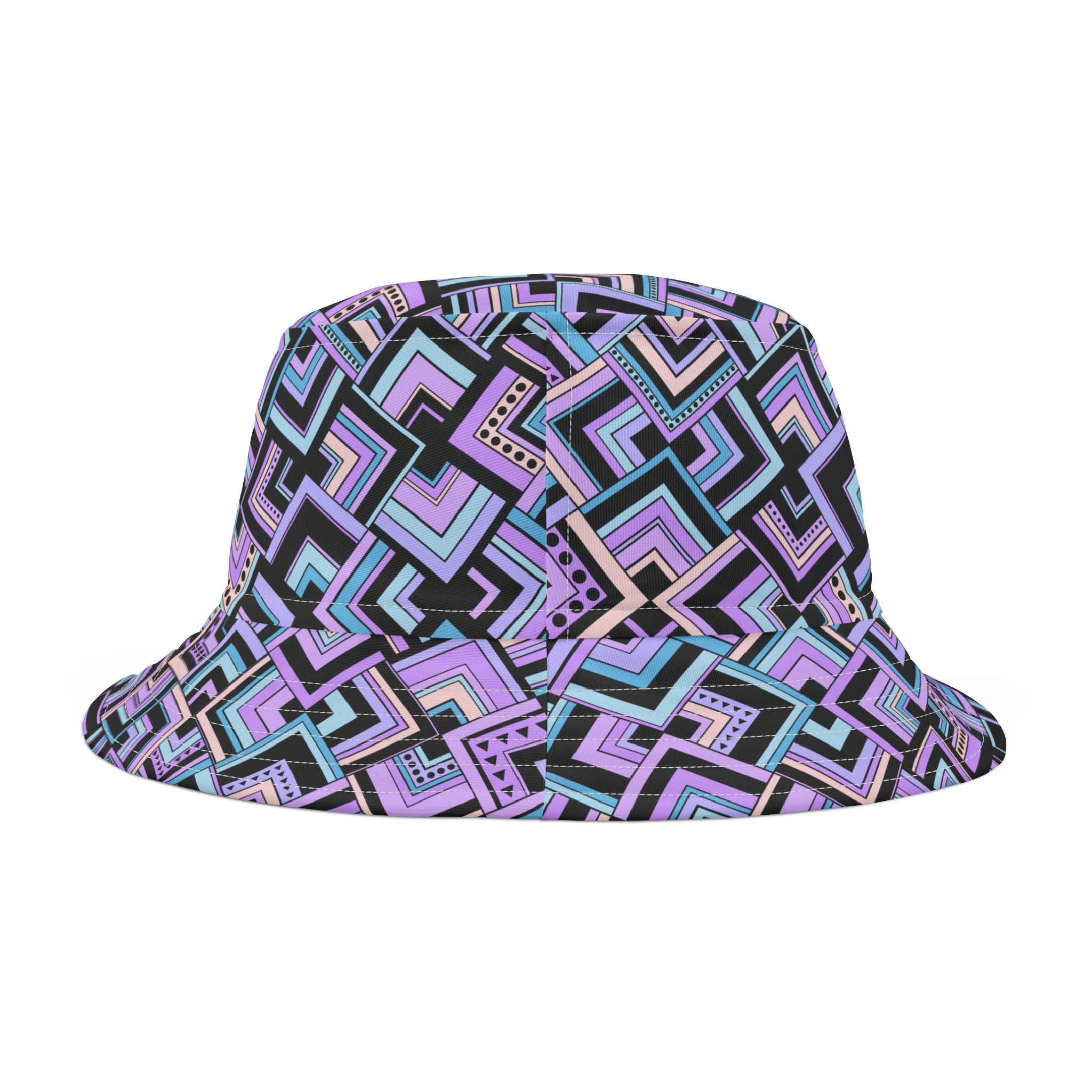 Blue & Lavender Retro Corner Block Geometric Print Bucket Hat (S.e.P.T.™)
