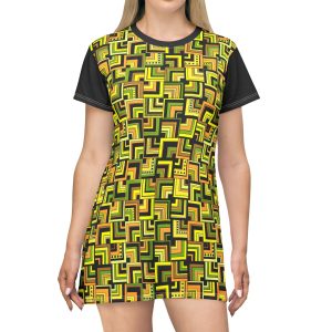 Yellow Retro Corner Block Geometric Print T-Shirt Dress (S.e.P.T.™)