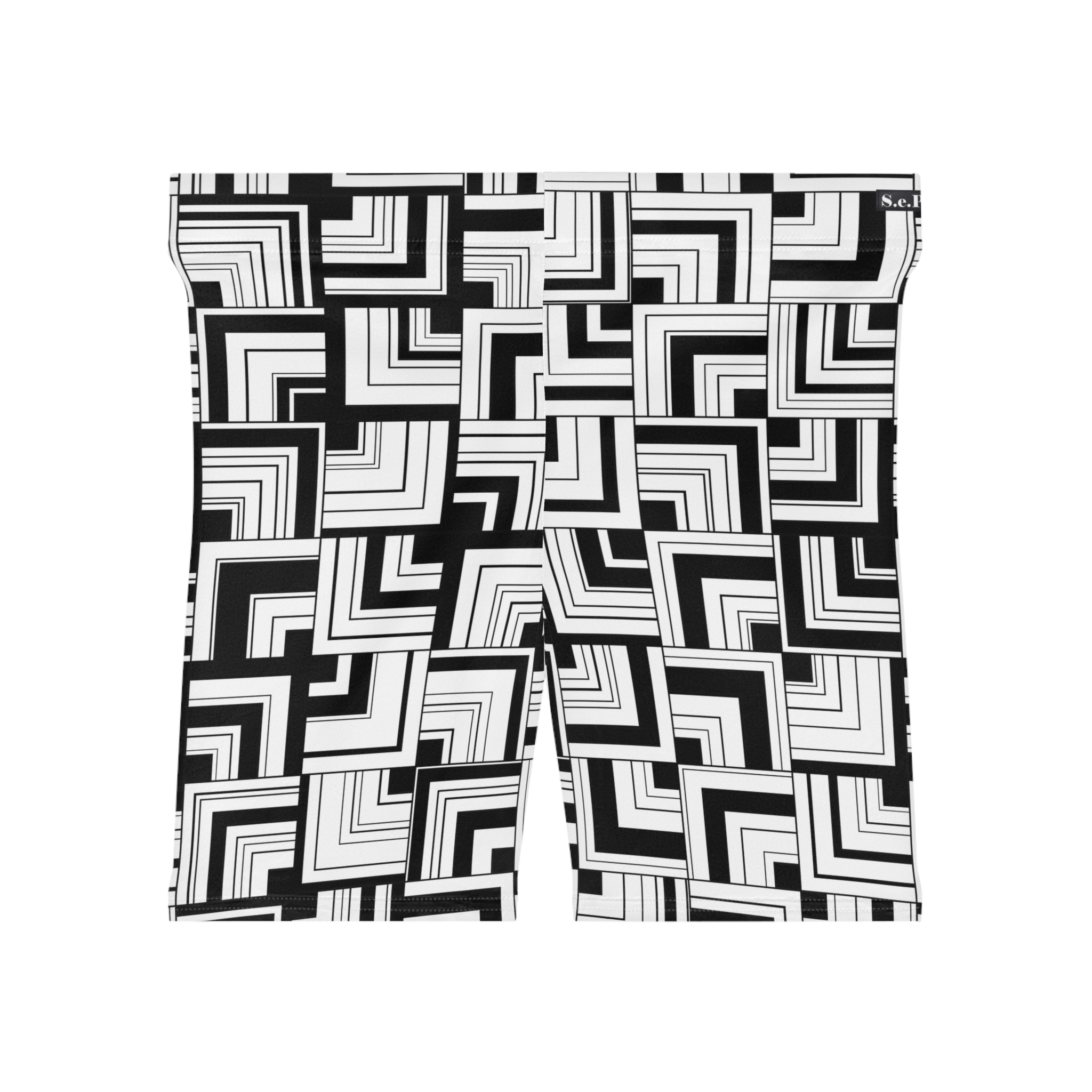 Black & White Retro Corner Block Geometric Print Women's Biker Shorts (S.e.P.T.™)