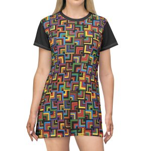 Multi-Colored Retro Corner Block Geometric Print T-Shirt Dress (S.e.P.T.™)