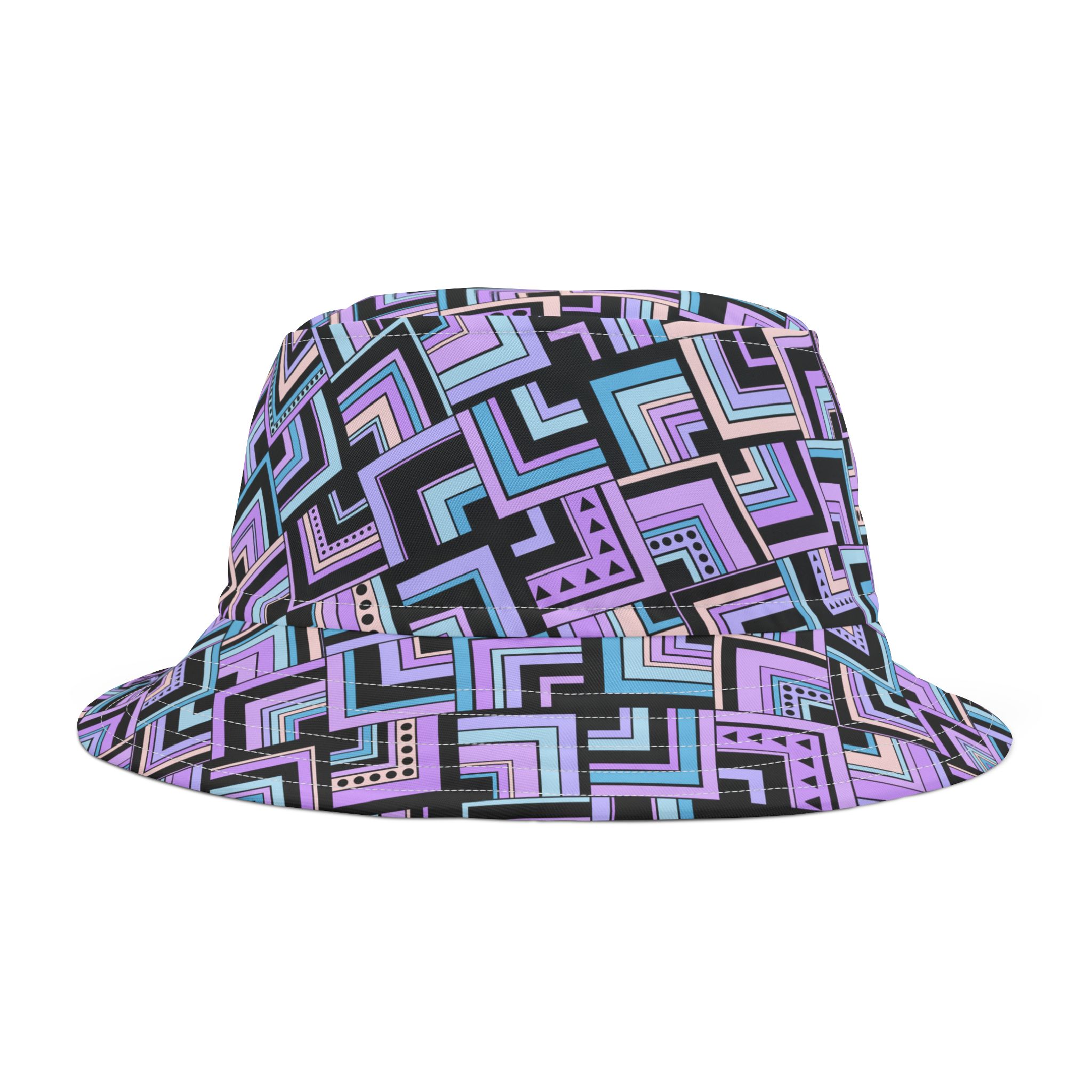 Blue & Lavender Retro Corner Block Geometric Print Bucket Hat (S.e.P.T.™)