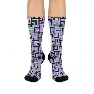 Blue & Lavender Retro Corner Block Geometric Print Cushioned Crew Socks (S.e.P.T.™)