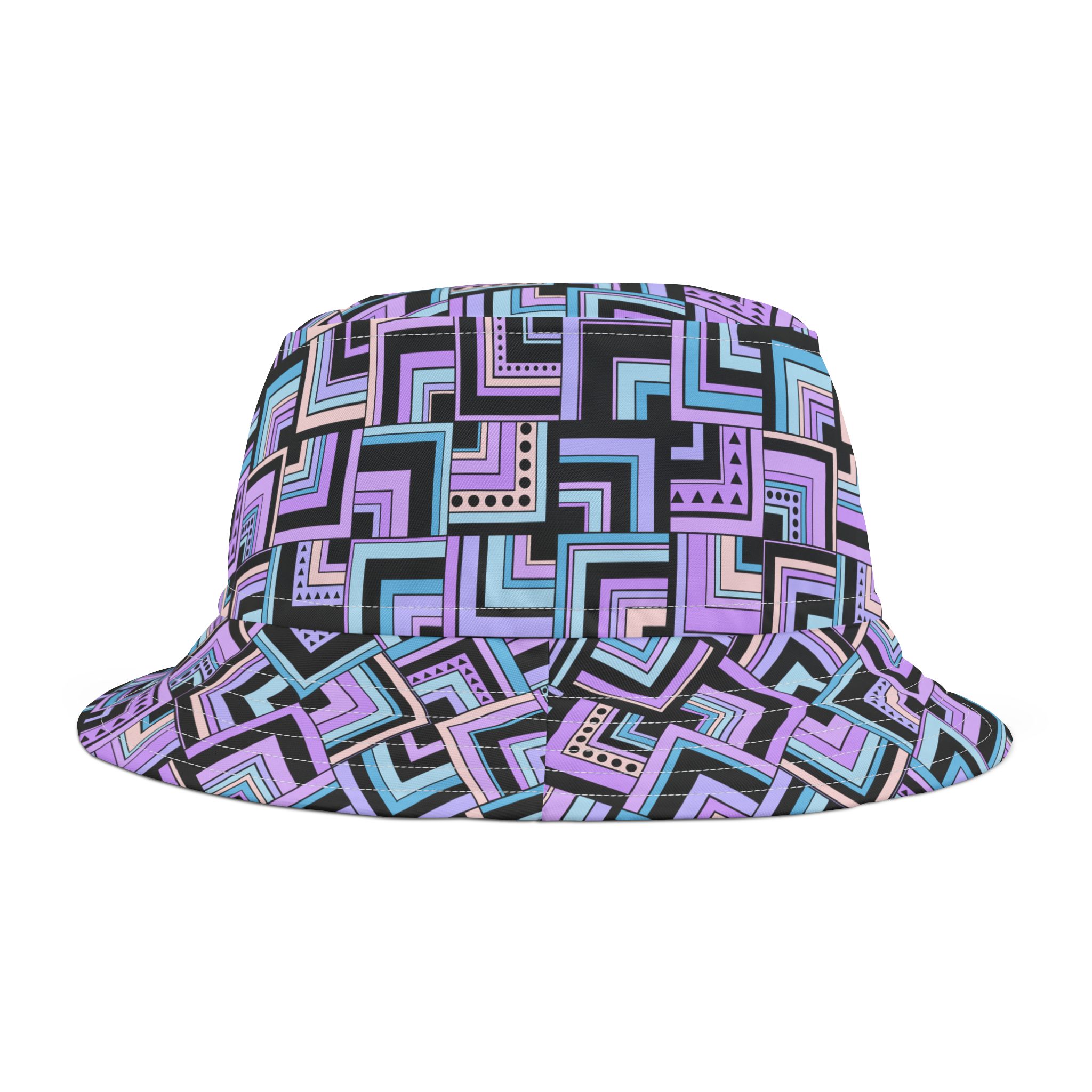 Blue & Lavender Retro Corner Block Geometric Print Bucket Hat (S.e.P.T.™)