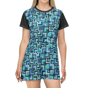 Blue Retro Corner Block Geometric Print T-Shirt Dress (S.e.P.T.™)