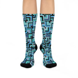 Blue Retro Corner Block Geometric Print Cushioned Crew Socks (S.e.P.T.™)