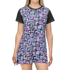 Blue & Lavender Retro Corner Block Geometric Print T-Shirt Dress (S.e.P.T.™)