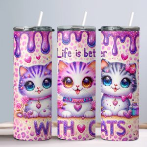 3D Cats (Design 2-1) - 20oz Straight Tumbler w/ Straw