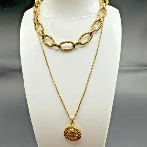 EXPRESS Double Strand 16" Necklace Medallion Circle Ring Goldtone