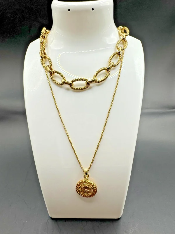 EXPRESS Double Strand 16" Necklace Medallion Circle Ring Goldtone