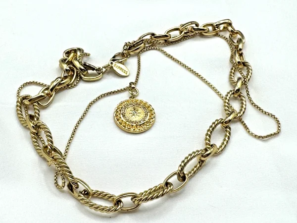 EXPRESS Double Strand 16" Necklace Medallion Circle Ring Goldtone