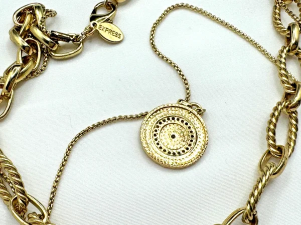 EXPRESS Double Strand 16" Necklace Medallion Circle Ring Goldtone